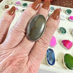 Polychrome jasper silver plated, stamped 925 ring hand made gemstone size 9